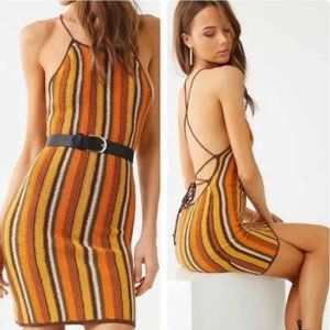 Forever 21 Crochet Striped Bohemian Earthy Halter Knit Festival Dress Size Small
